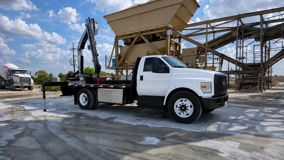 Unbranded knuckle-boom crane mounted on a white work truck at an industrial site